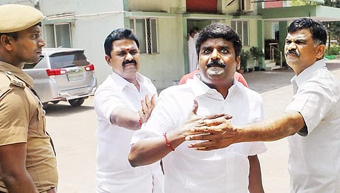 Health Minister Dr C Vijaya Basker reacts as IT officials raid his premises on Friday.  | Express Photo Service