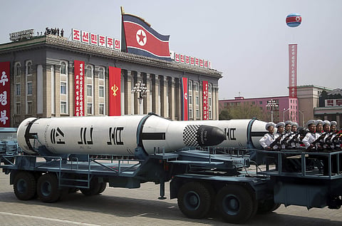 In this Saturday, April 15, 2017, file photo, a submarine missile is paraded across Kim Il Sung Square during a military parade in Pyongyang, North Korea to celebrate the 105th birth anniversary of Kim Il Sung, the country's late founder and grandfather o