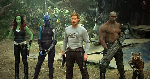 This image released by Disney-Marvel shows Zoe Saldana, from left, Karen Gillan, Chris Pratt, Dave Bautista and Rocket, voiced by Bradley Cooper, in a scene from, 'Guardians Of The Galaxy Vol. 2.' | AP