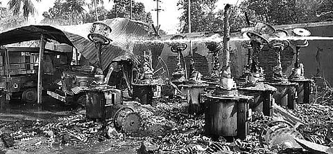 The transformers that were gutted in sub-station of Gridco in Siriguda of Rayagada town on Tuesday   | Express