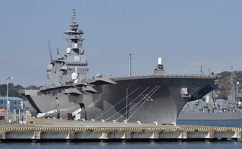 This picture taken on December 6, 2016 shows the Japan Maritime Self Defense Forces helicopter carrier Izumo at a berth in its Yokosuka Base in Kanagawa prefecture. (File Photo | AFP)