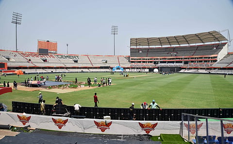 Rajiv Gandhi International Cricket stadium is getting ready for the IPL match which is going to begin on April 5th at Hyderabad.| (R.Satish Babu | EPS)
