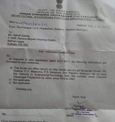RTI reply by Ishwar Chandra Vidyasagar Polytechnic college  to ousted BJP leader Ashok Sarkar. | EPS