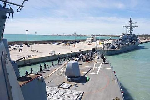 In this photo provided by the U.S. Navy, the Arleigh Burke-class guided-missile destroyer USS Ross (DDG 71) departs Rota, Spain, on March 29, 2017.(File photo | AP)