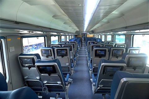 An inside view of the Tejas train at the Safdarjung railway station in New Delhi on Friday ahead of its launch on May 22. (PTI)