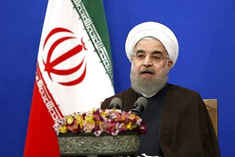 Iranian President Hassan Rouhani gives a televised speech after he won the election, in Tehran.  | AP