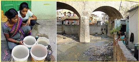Residents have been receiving drinking water mixed with sewerage for the last 10 days (right) houses located adjacent to a drainage filled with silt and garbage, without a retaining wall at Shivanand Nagar in Nallakunta | Sathya Keerthi