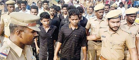 City police arrest protesters from the May 17 movement after rounding them up at Marina Beach on Sunday | martin louis