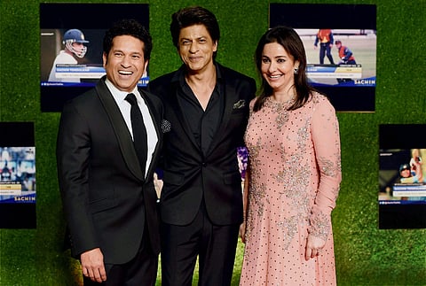 Master blaster Sachin Anjali Tendulkar along with Shahrukh Khan during the premier of his biopic 'Sachin A Billion Dreams' in Mumbai on Wednesday. | PTI