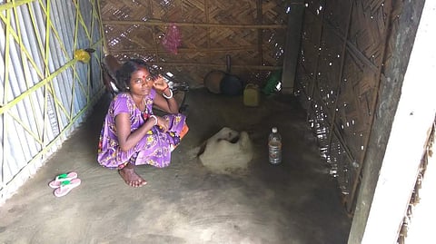 Geeta Mahal shows the earthen chulha where she prepared the lunch for Amit Shah at Naxalbari on Friday.  (Photo : Aishik Chanda)