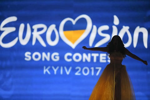 Switzerland's Timebelle performs the song 'Apollo' during rehearsals for the Eurovision Song Contest, in Kiev, Ukraine, Saturday, May 6, 2017. 