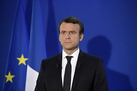 Incoming French president Emmanuel Macron speaks after his victory in presidential runoff, at his campaign headquarters in Paris. (AP)