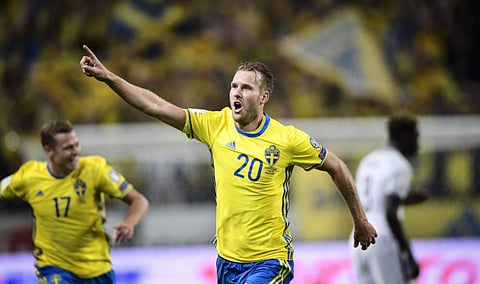 Sweden's Ola Toivonen celebrates after scoring their second goal during the World Cup 2018 group A qualifying soccer match against France at the Friends Arena in Solna, Stockholm. | AP