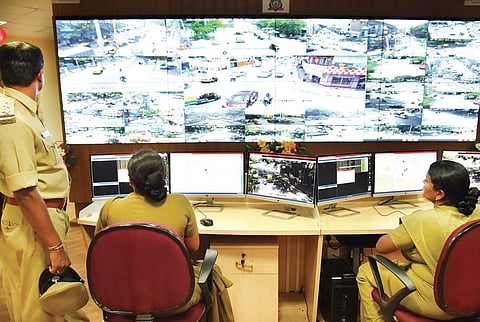 Police personnel monitor CCTV cameras from the control room on Saturday. The cameras were installed in several places of the city | Nagaraja Gadekal