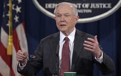 Attorney General Jeff Sessions speaks during a news conference at the Justice Department in Washington, Thursday, March 2, 2017. | AP