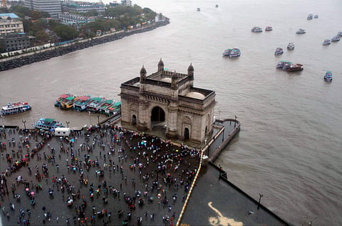 An aerial view of Gateway of India as monsoon starts in South Mumbai on June 12. (Photo | PTI)