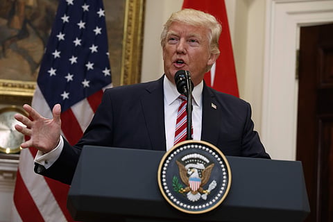 President Donald Trump speaks in the Roosevelt Room of the White House in Washington, Tuesday, May 16, 2017.| AP