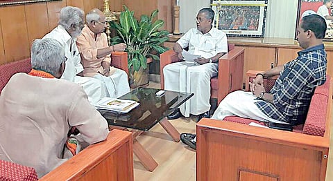 BJP leaders O Rajagopal, Kummanam Rajasekharan,  V V Rajesh and Gopalan Kutty Master holding talks with CM Pinarayi Vijayan.