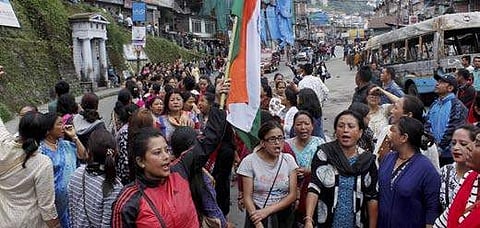 Members of  Gorkha Janmukti Morcha during a strike in Darjeeling Hills on Tuesday | PTI