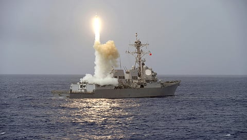 In this March 7, 2017, the guided-missile destroyer USS Fitzgerald (DDG 62) launches a missile from the aft missile deck during Multisail 17, a training exercise designed to improve interoperability between the U.S. and Japanese forces, in the Philippine 