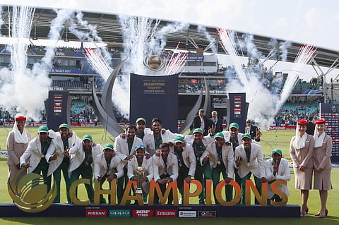 Pakistan players celebrate during the award ceremony for the ICC Champions Trophy at The Oval in London. (AP)