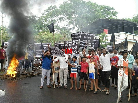 Farmers protesting against land acquisition for developing an airport at Nevali in Thane district, Maharashtra. | Express Photo Service