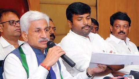 YSR Congress MP V Vijaya Sai Reddy addressing the media in Visakhapatnam on Wednesday | Express