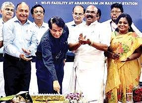 Union Railway Minister Suresh Prabhu, in the presence of State Finance Minister D Jayakumar and officials, inaugurating new facilities in Chennai on Saturday | D Sampath Kumar