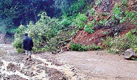 A small landslide on the approach road of Maan village in Khanapur.