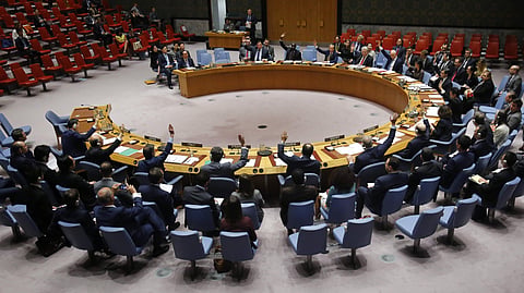 Ambassadors to the United Nations raise hands in a U.N. Security Council resolution vote to sanction North Korea on June 2, 2017. (Photo | AP)