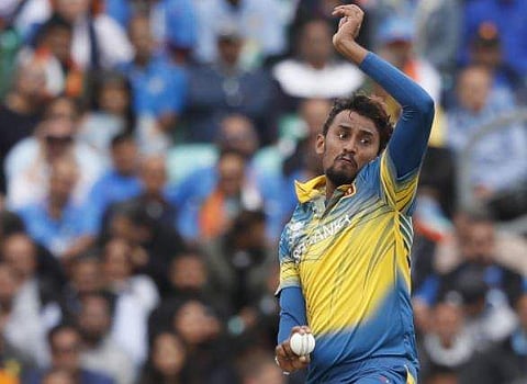 Sri Lanka's Suranga Lakmal bowls during the ICC Champions Trophy match between India and Sri Lanka at The Oval cricket ground in London. | AP