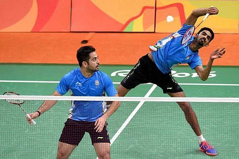 Indian badminton stars Manu Attri (L) and B Sumeeth Reddy (File | PTI)