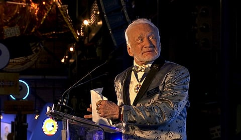 Apollo 11 astronaut Buzz Aldrin speaks at the commemoration for the upcoming anniversary of the 1969 mission to the moon and a gala for his non-profit space education foundation, ShareSpace Foundation, at the Kennedy Space Center in Cape Canaveral, Fla., 