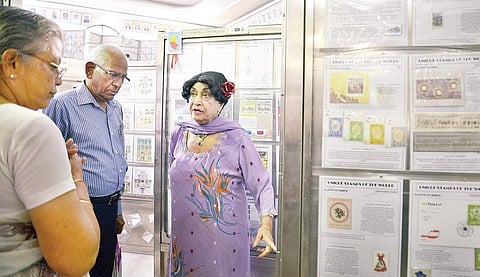 Philatelist Dr Sita Bhateja interacting with the visitors at Karphilex exhibition in Bengaluru on Sunday | Pushkar V
