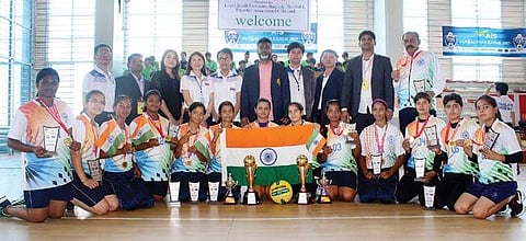 Indian men and women teams at International Throwball Championship