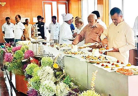 A few of the 44 Congress MLAs from Gujarat having food at the Eagleton Resort, near Bengaluru, on Saturday | Express
