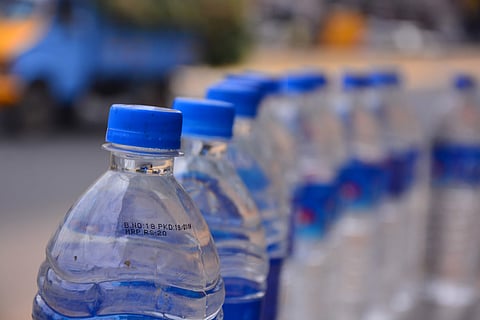 A water bottle with its MRP been aligned at a shop in Chennai. (File photo | EPS)