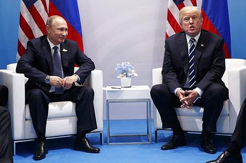 President Donald Trump speaks during a meeting with Russian President Vladimir Putin at the G20 Summit, Friday, July 7, 2017, in Hamburg.  | AP