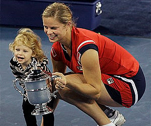 Kim Clijsters, of Belgium, with her 18-month-old daughter Jada after winning the women's championship at the US Open in 2009. | AP