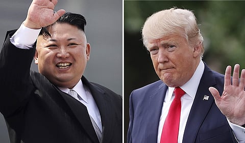 FILE - This combination of photos show North Korean leader Kim Jong Un on April 15, 2017, in Pyongyang, North Korea, left, and U.S. President Donald Trump in Washington on April 29, 2017. | AP