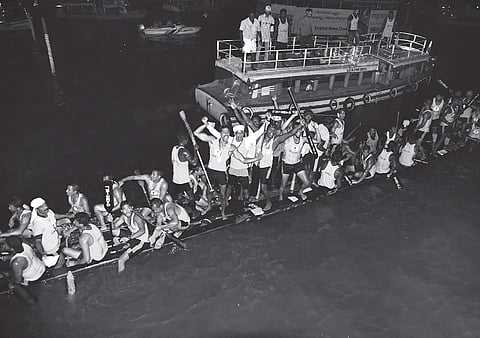 Members of the ‘Gabriel Chundan’ celebrate after winning the Nehru Trophy Boat Race | albin mathew