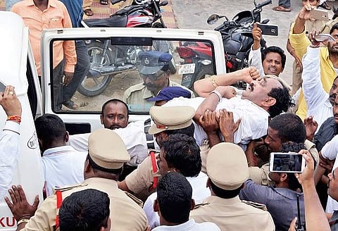 Police arrests Congress leader and former MLA R Damodar Reddy  in Nalgonda on Tuesday | Express photo
