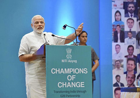 New Delhi Prime Minister Narendra Modi addressing the young entrepreneurs at the Champions of Change programme organised by the NITI Aayog in New Delhi on Thursday. (Photo | PTI)