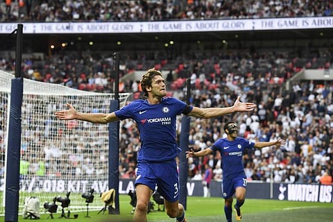 Chelsea's Spanish defender Marcos Alonso (L) celebrates scoring their second goal with Chelsea's Spanish midfielder Pedro (R)  | AFP