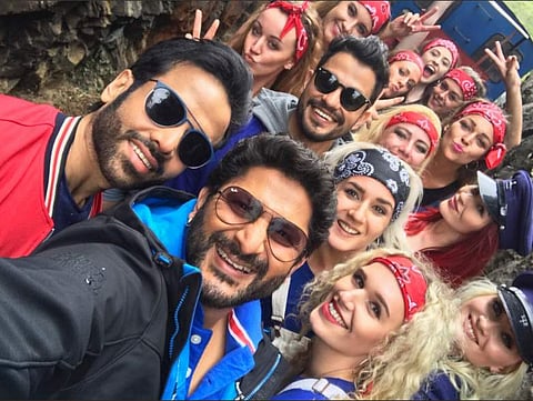 Photo of actors Tusshar Kapoor, Arshad Warsi and Kunal Khemu from Golmaal Again's set. (Photo | Twitter)