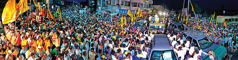 Chief Minister N Chandrababu Naidu speaking at a massive road show while campaigning for the upcoming Municipal Corporation elelctions in Kakinada on Saturday | Express