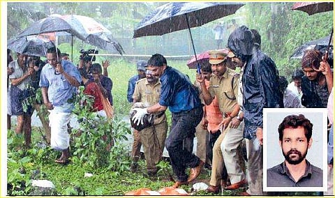 The police team recovering the head of the murdered man from a stream at Makroni junction on Monday. Inset (Victim Santhosh)