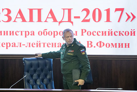 Deputy Defense Minister Lt. Gen. Alexander Fomin arrives for a briefing in Moscow, Russia, Tuesday, Aug. 29, 2017. The Russian military says major war games, the Zapad (West) 2017 maneuvers, set for next month will not threaten anyone. | AP