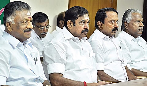 (From left) Deputy Chief Minister O Panneerselvam and CM Edappadi K Palaniswami at the general council meeting of AIADMK in Chennai on Monday. (EPS | D Sampathkumar)