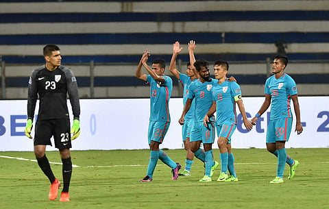 India football players celebrating after their win during the AFC Asian Cup UAE 2019 Qualifier against The Kyrgyz Republic (File | PTI)
